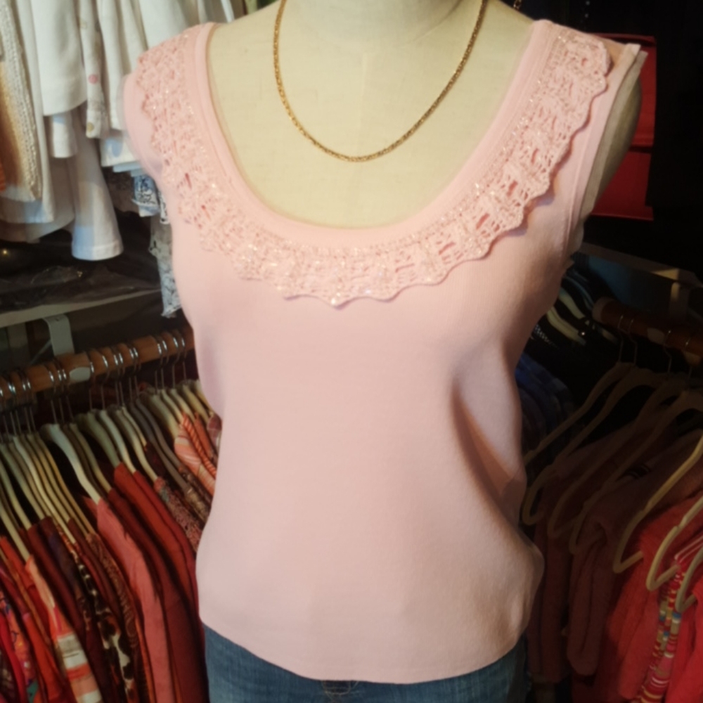 JOSEPH A ♡ Sweet Pink Embellished Mesh Tank Top M